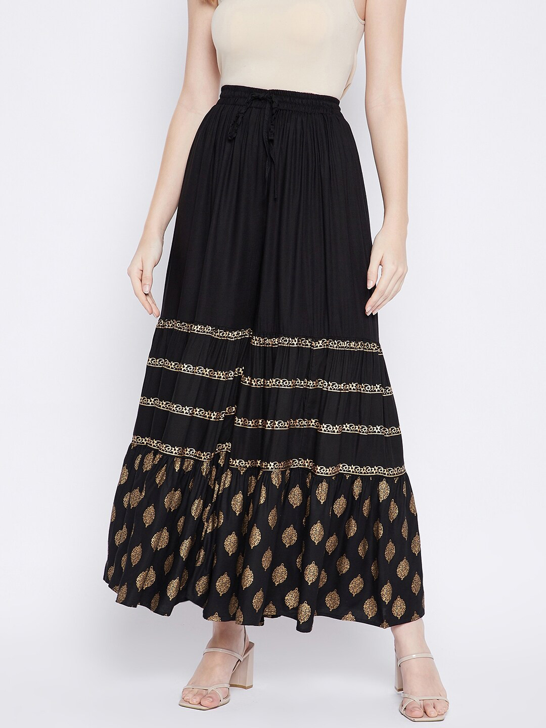 

TULIP 21 Women Black & Cream-Coloured Ethnic Motifs Hem Design Flared Palazzos