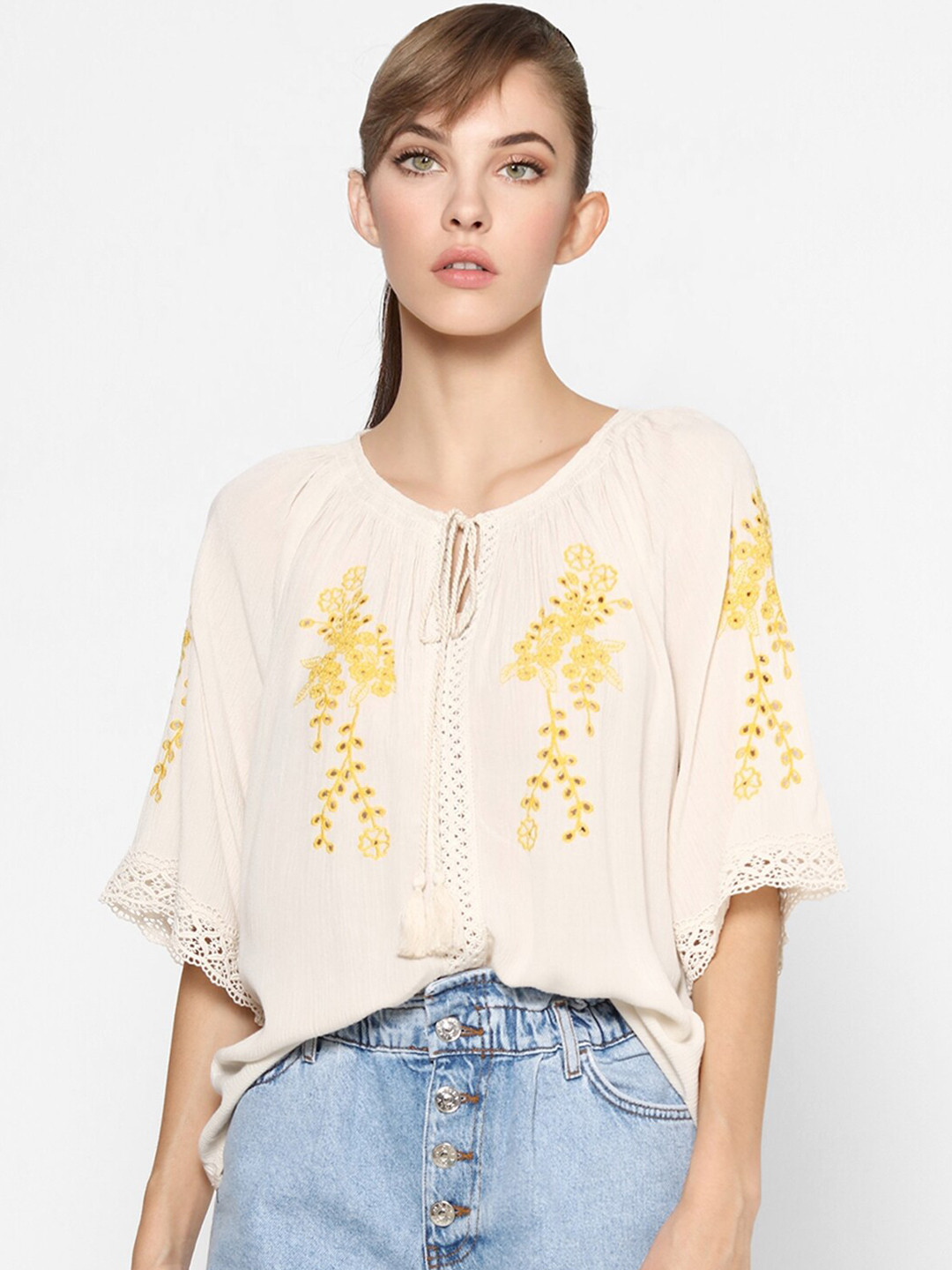 

ONLY Off White & Yellow Floral Embroidered Tie-Up Neck Blouson Top