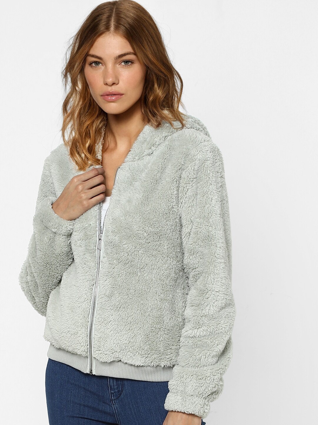 

ONLY Women Grey Self Design Bomber Hooded Jacket