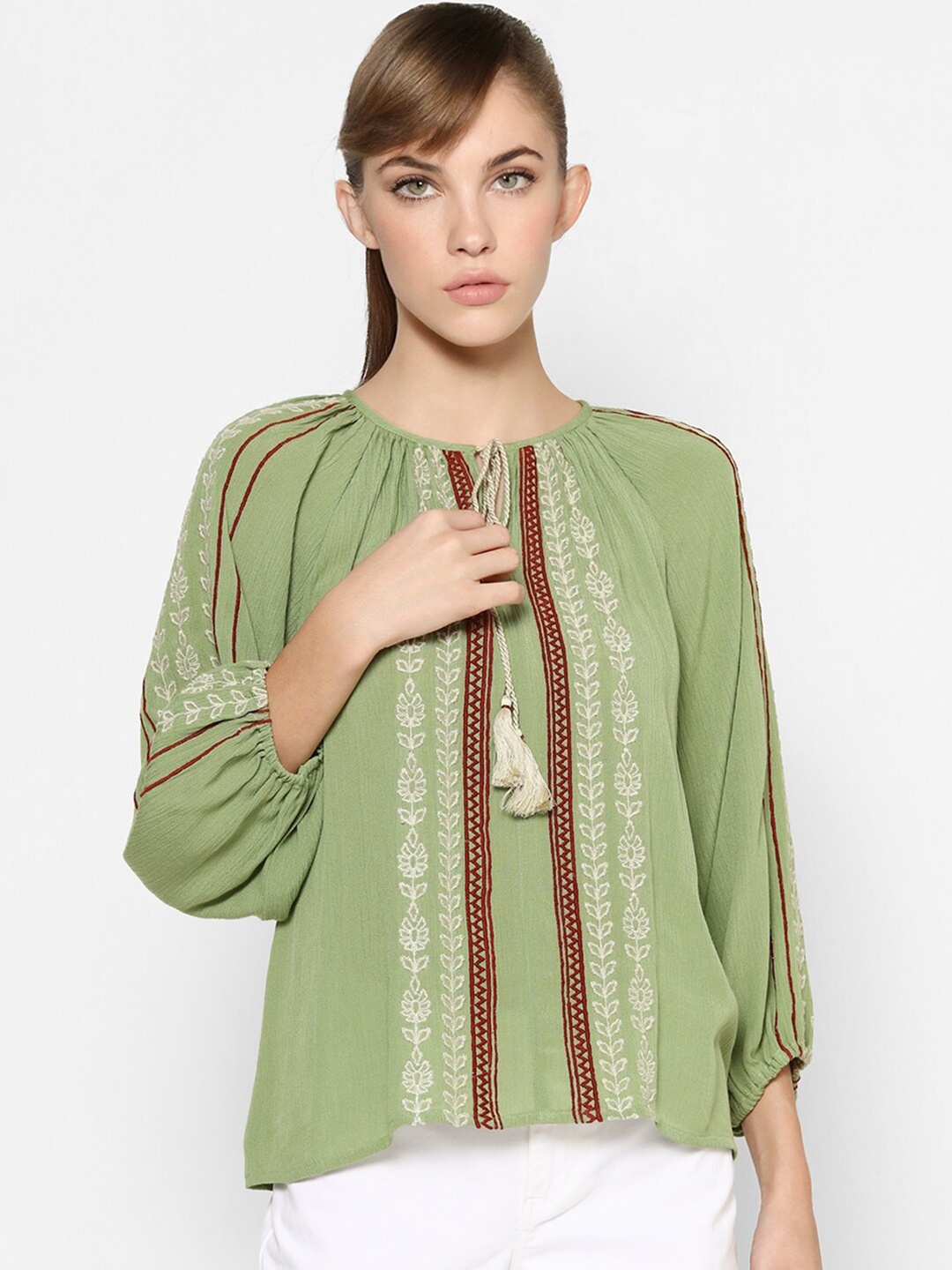 

ONLY Olive Green Floral Embroidered Tie-Up Neck Blouson Top