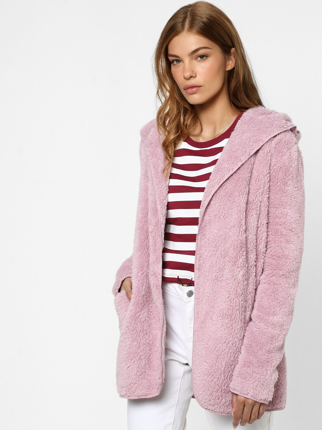 

ONLY Women Pink Self Design Longline Open Front Hooded Jacket