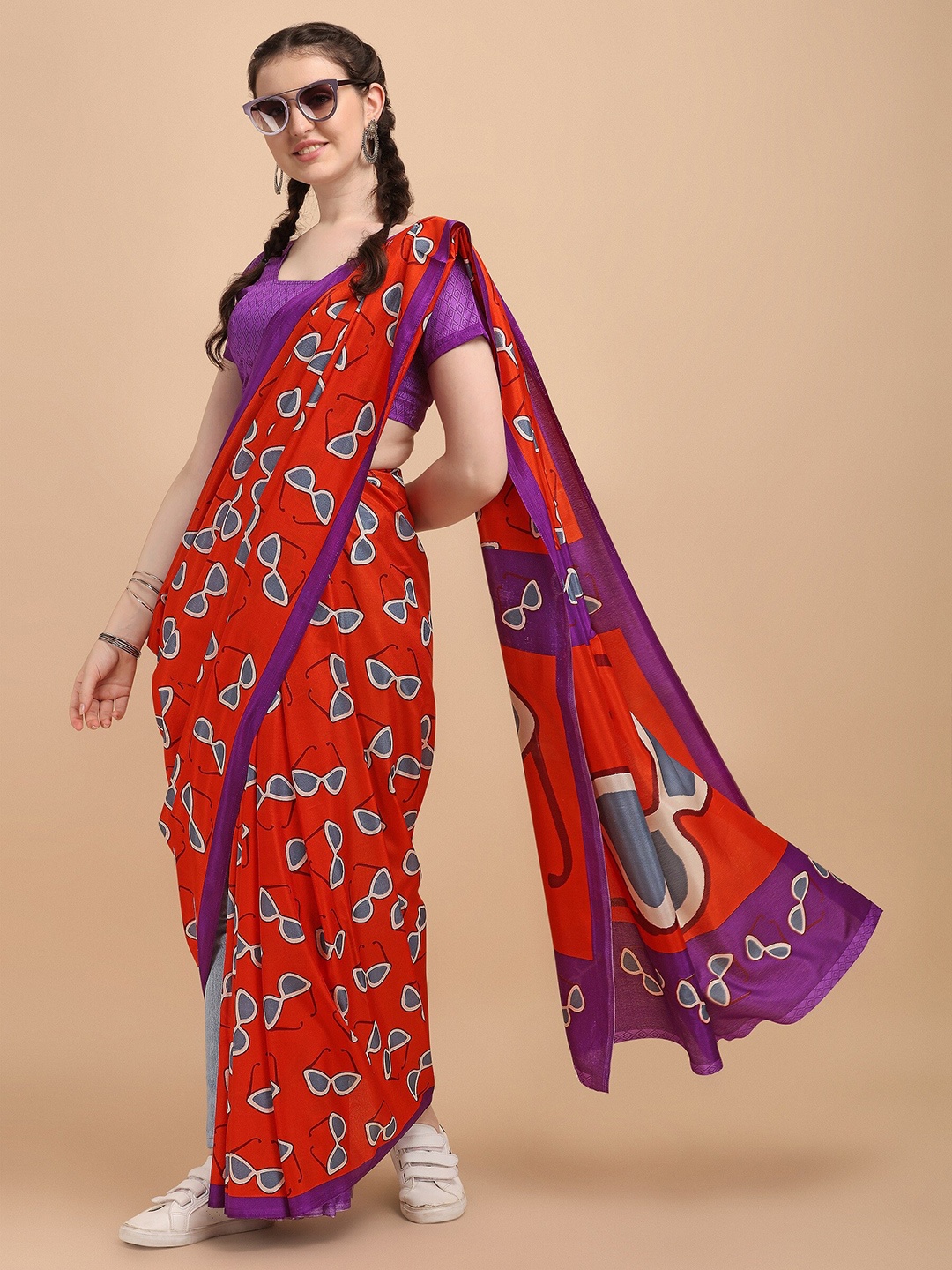 

KALINI Orange & Purple Fusion Block Print Saree