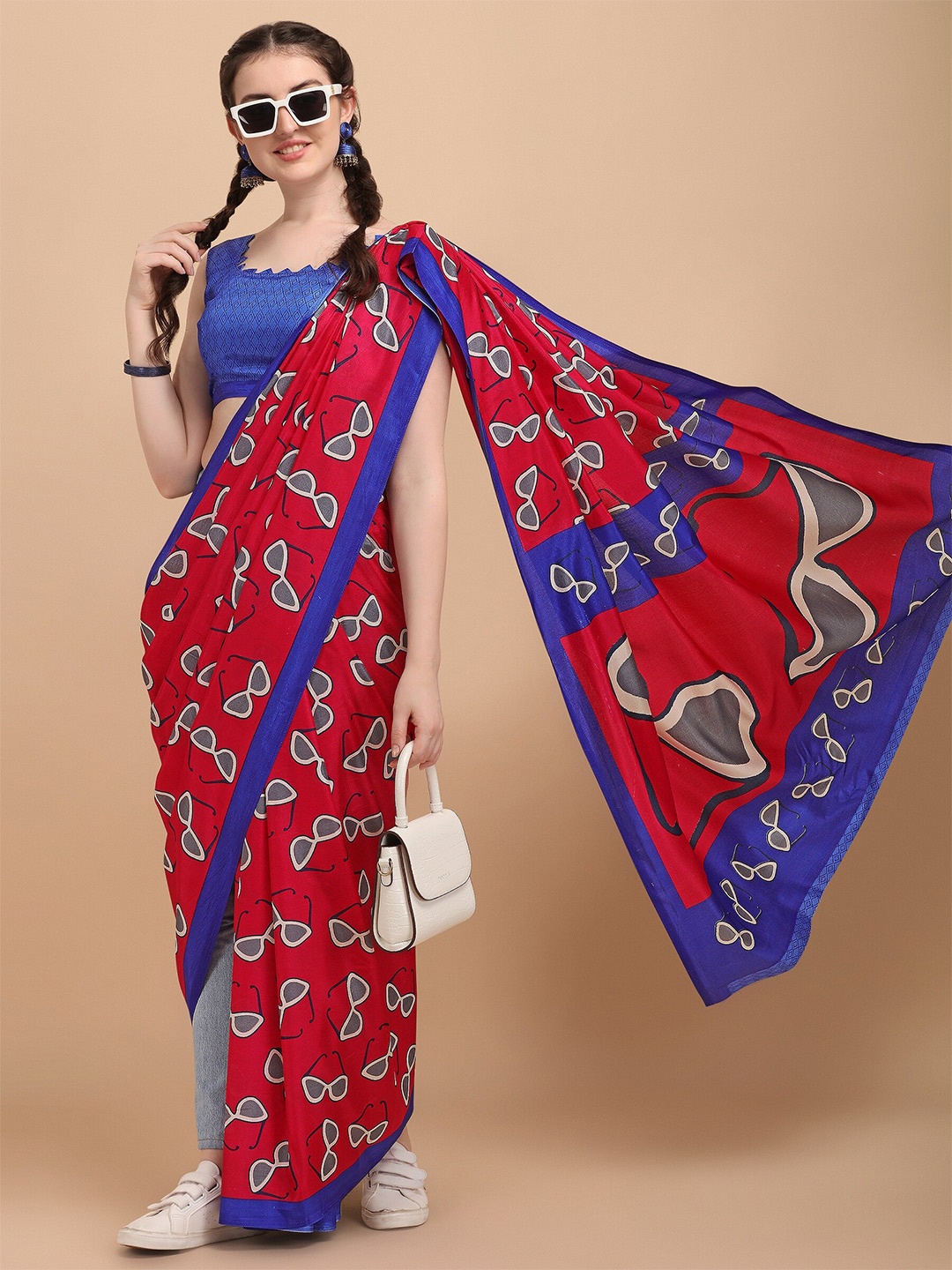 

KALINI Red & Blue Silk Blend Fusion Block Print Saree