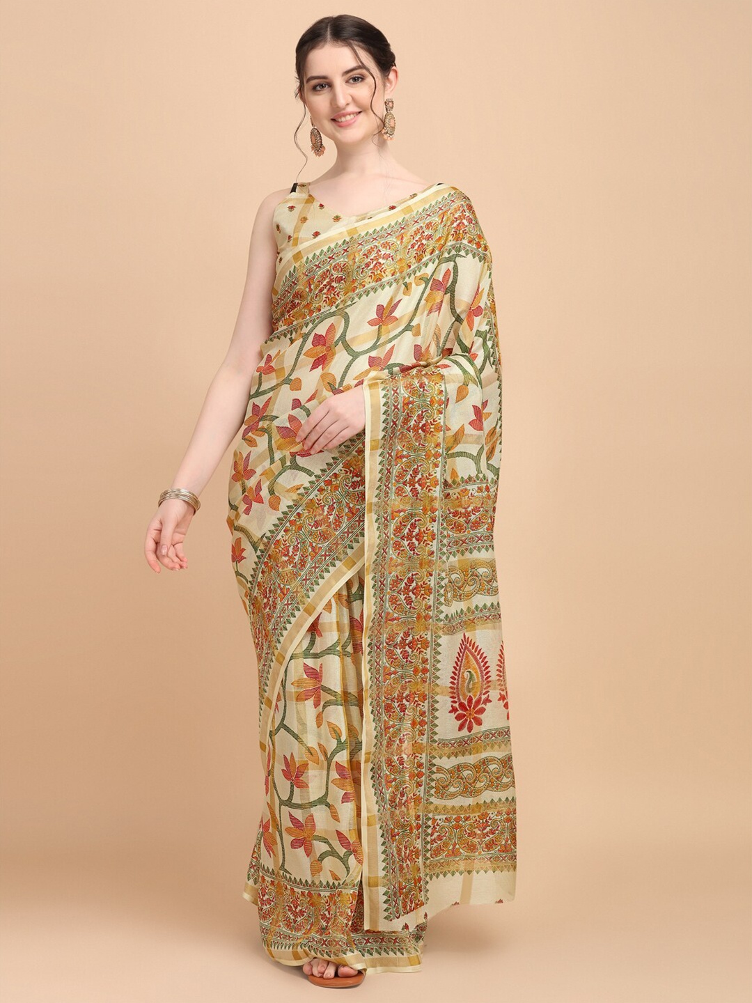 

KALINI Off White & Green Floral Fusion Kota Saree