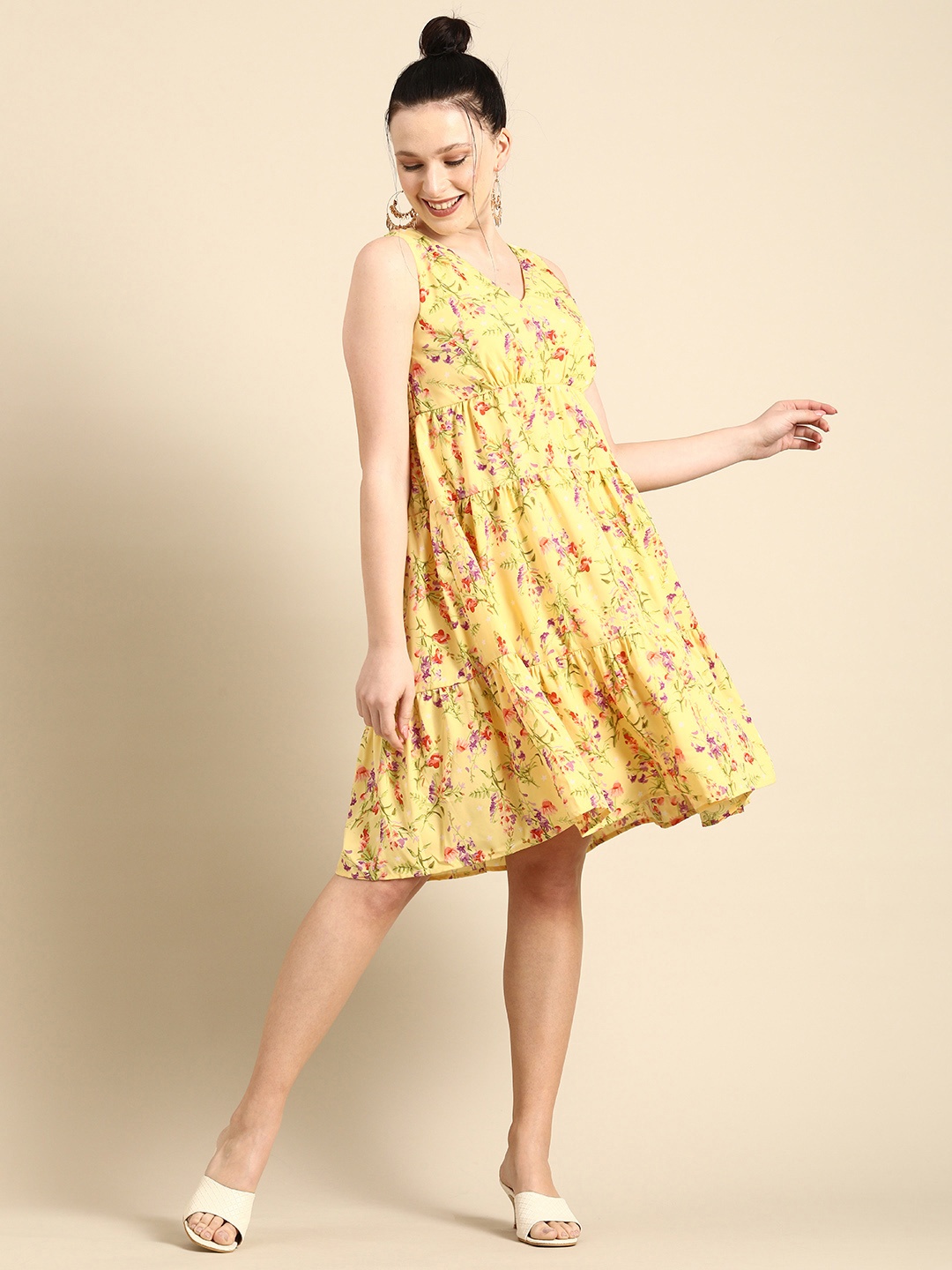 

DODO & MOA Yellow & Multicoloured Floral Crepe Trapeze Dress
