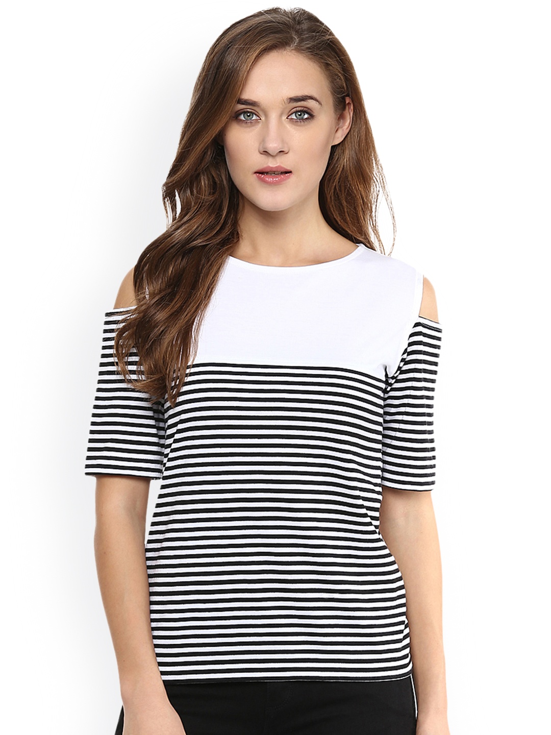 

Miss Chase Women Black & White Striped Cold-Shoulder Top