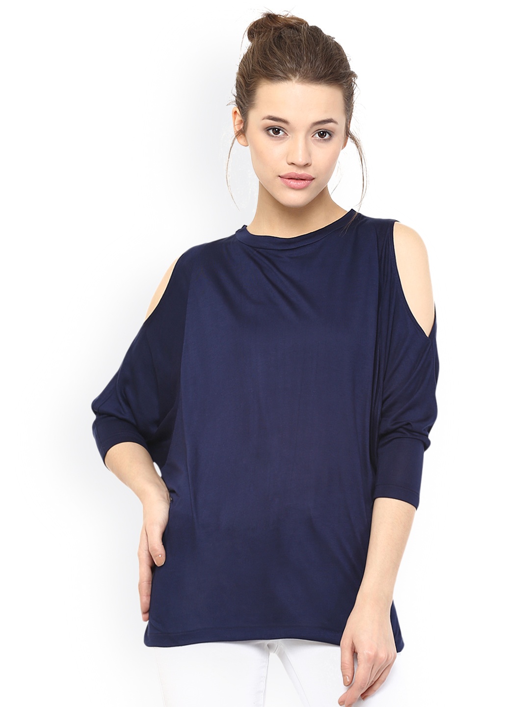 

Miss Chase Women Navy Solid Cold-Shoulder Top, Navy blue