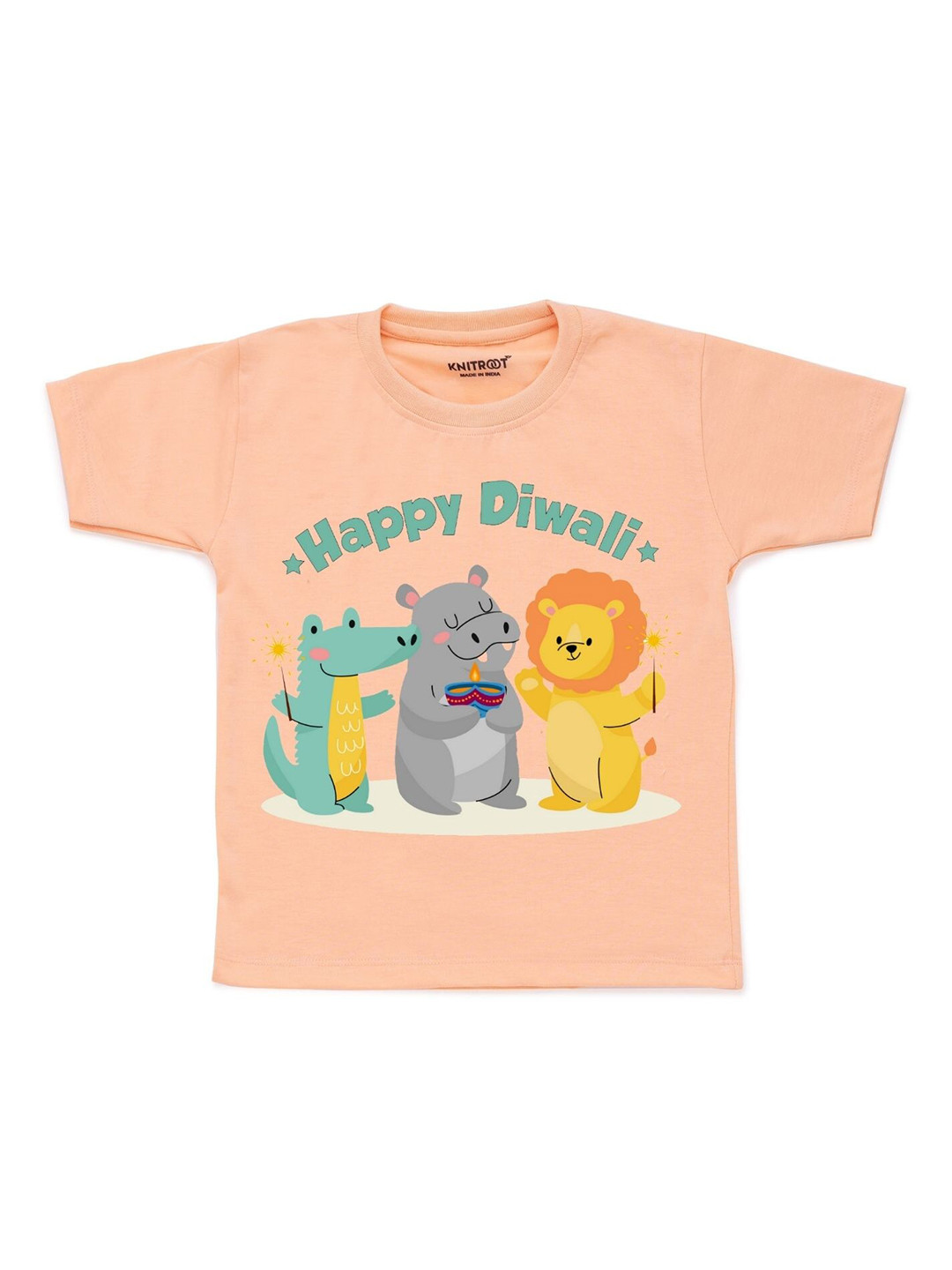 

KNITROOT Kids Peach-Coloured & Green Printed T-shirt
