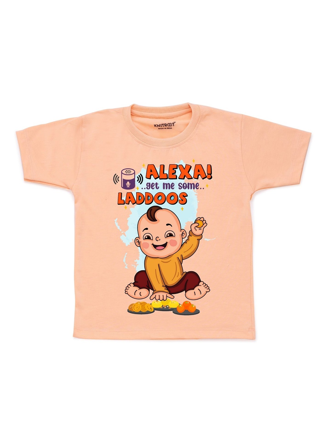 

KNITROOT Unisex Kids Peach-Coloured Printed Applique T-shirt