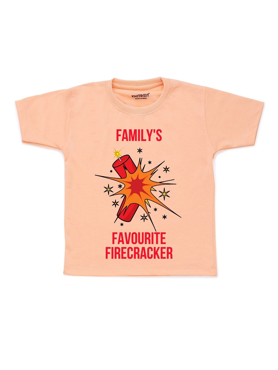 

KNITROOT Unisex Kids Peach-Coloured Typography Printed Pockets T-shirt