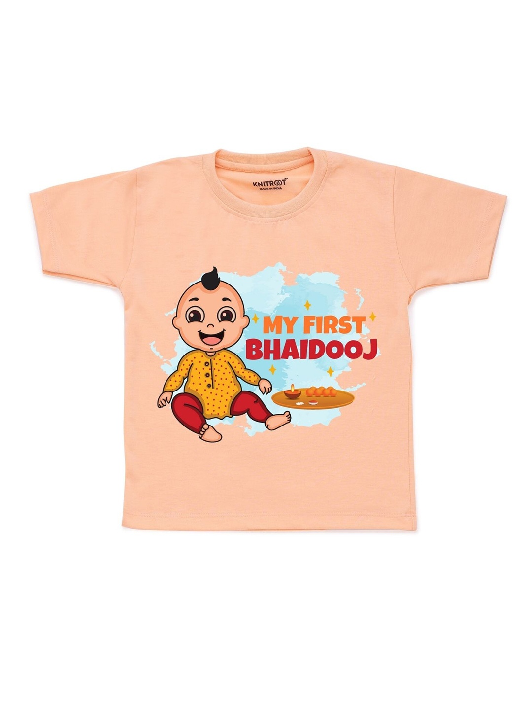 

KNITROOT Unisex Kids Peach-Coloured Printed Pockets T-shirt