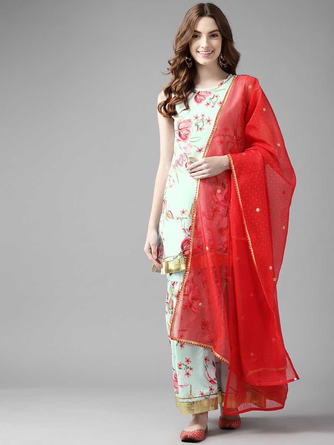 

Ahalyaa Women Green Floral Printed Gotta Patti Kurti with Sharara & Dupatta
