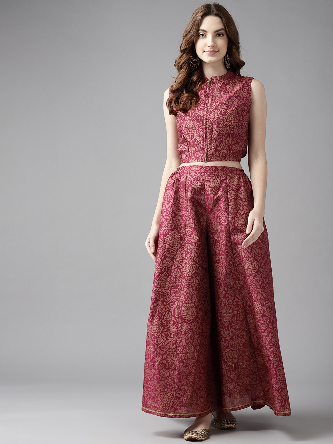 

Ahalyaa Women Burgundy Floral Printed Regular Top with Palazzos