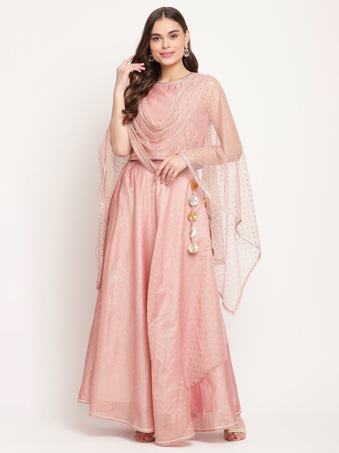 

Ahalyaa Women Rose & Gold-Toned Foil Print Lehenga & Choli With Dupatta