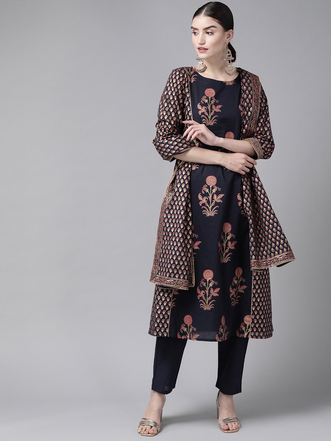 

Indo Era Women Navy Blue Ethnic Motifs Printed Kurta with Trousers & With Dupatta