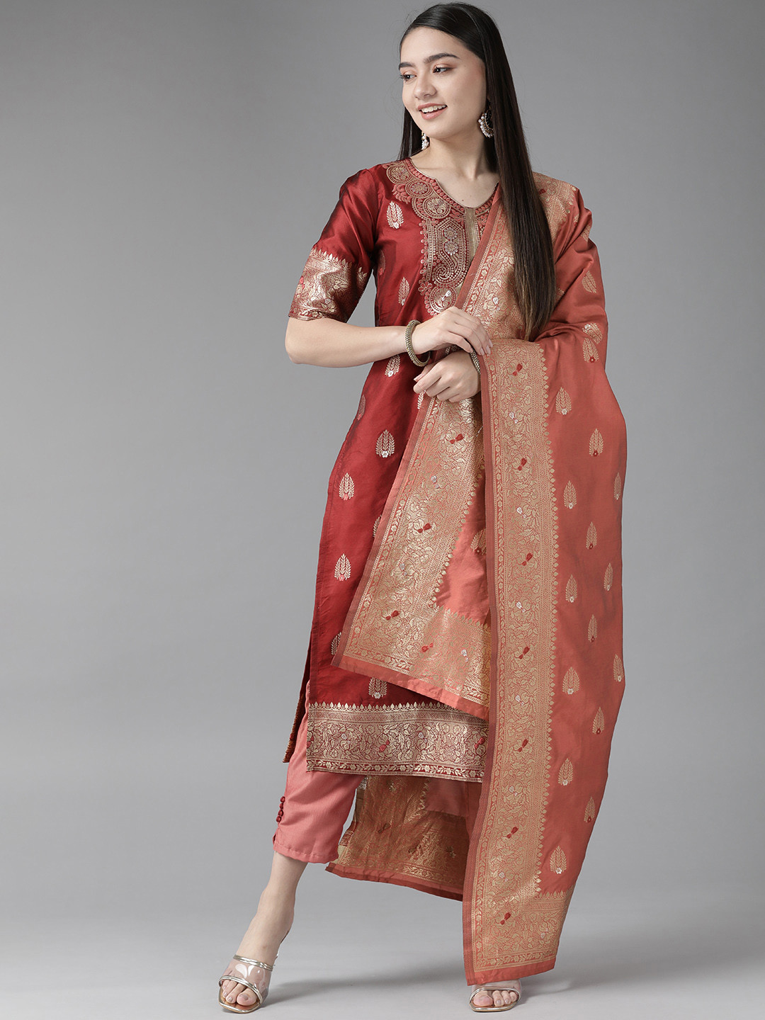 

Indo Era Women Maroon & Golden Ethnic Motifs Kurta with Trousers & With Dupatta
