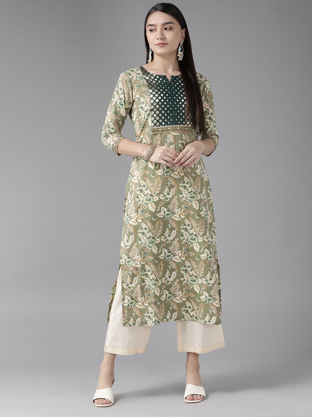 

Indo Era Women Green Ethnic Motifs Printed Kurta with Palazzos