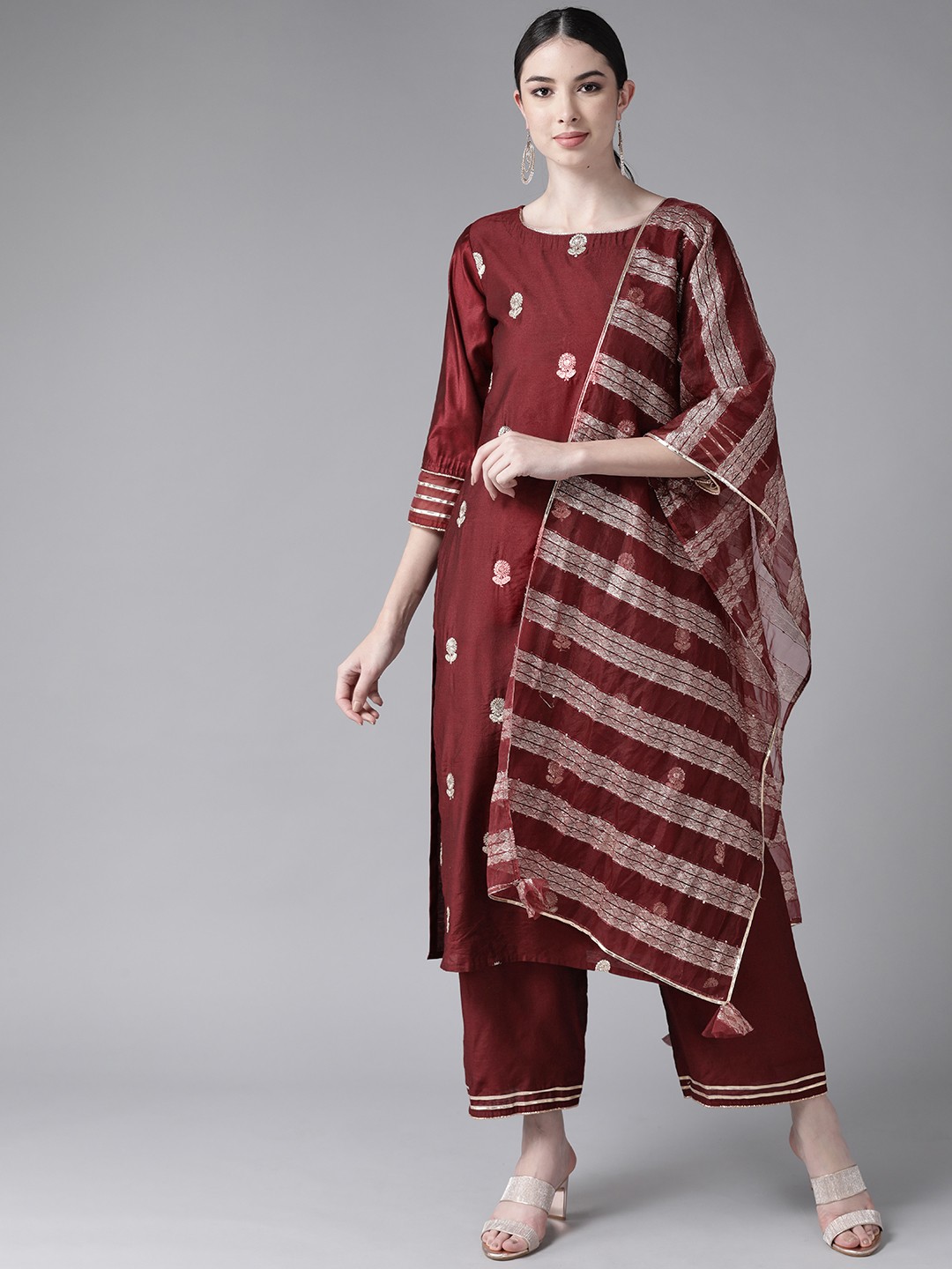 

Indo Era Women Maroon Floral Embroidered Kurta with Trousers & With Dupatta