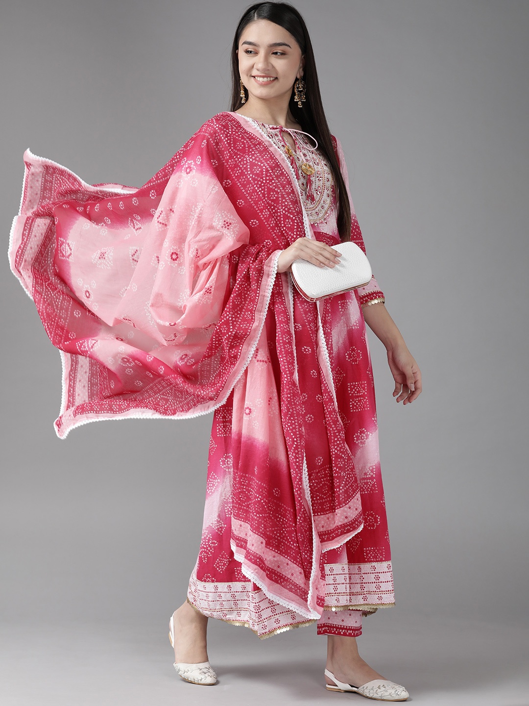 

Indo Era Women Pink Bandhani Embroidered Empire Kurta with Trousers & With Dupatta