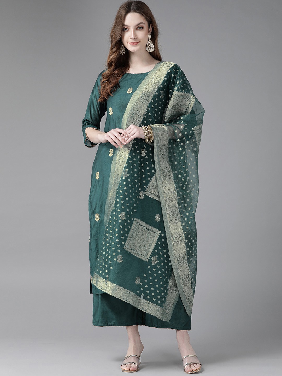 

Indo Era Women Teal Ethnic Motifs Embroidered Kurta with Trousers & With Dupatta