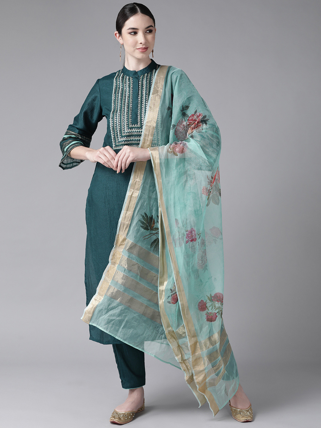 

Indo Era Women Teal Blue Ethnic Motifs Embroidered Kurta with Trousers & With Dupatta