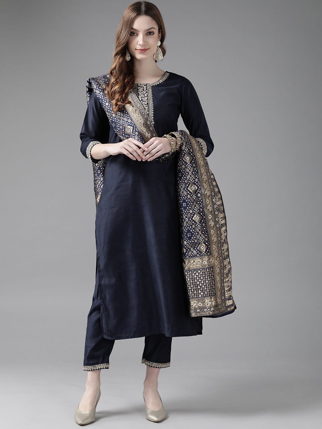 

Indo Era Women Blue Ethnic Motifs Embroidered Kurta with Trousers & With Dupatta
