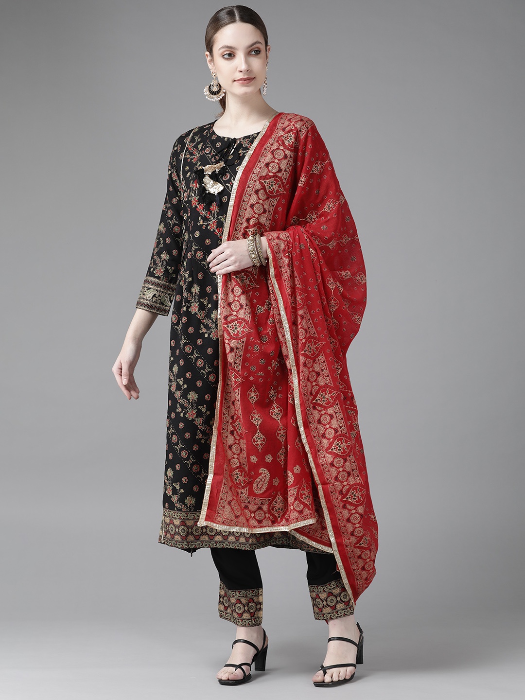 

Indo Era Women Black & Red Ethnic Motifs Printed Kurta with Trousers & With Dupatta