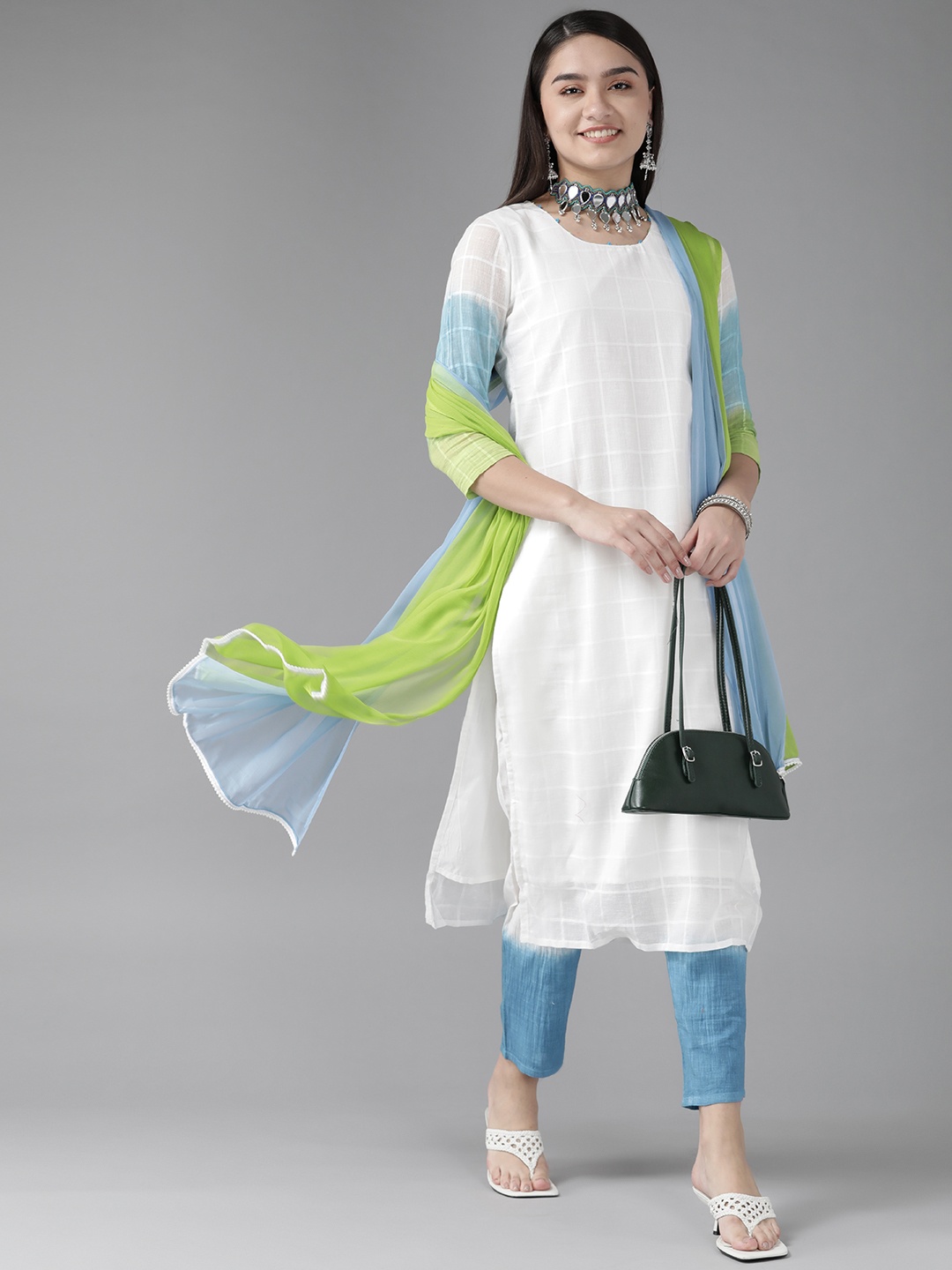 

Indo Era Women White & Blue Kurta with Trousers & With Dupatta