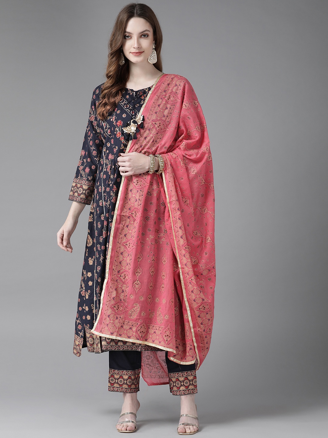 

Indo Era Women Navy Blue Ethnic Motifs Printed Empire Kurta with Trousers & With Dupatta