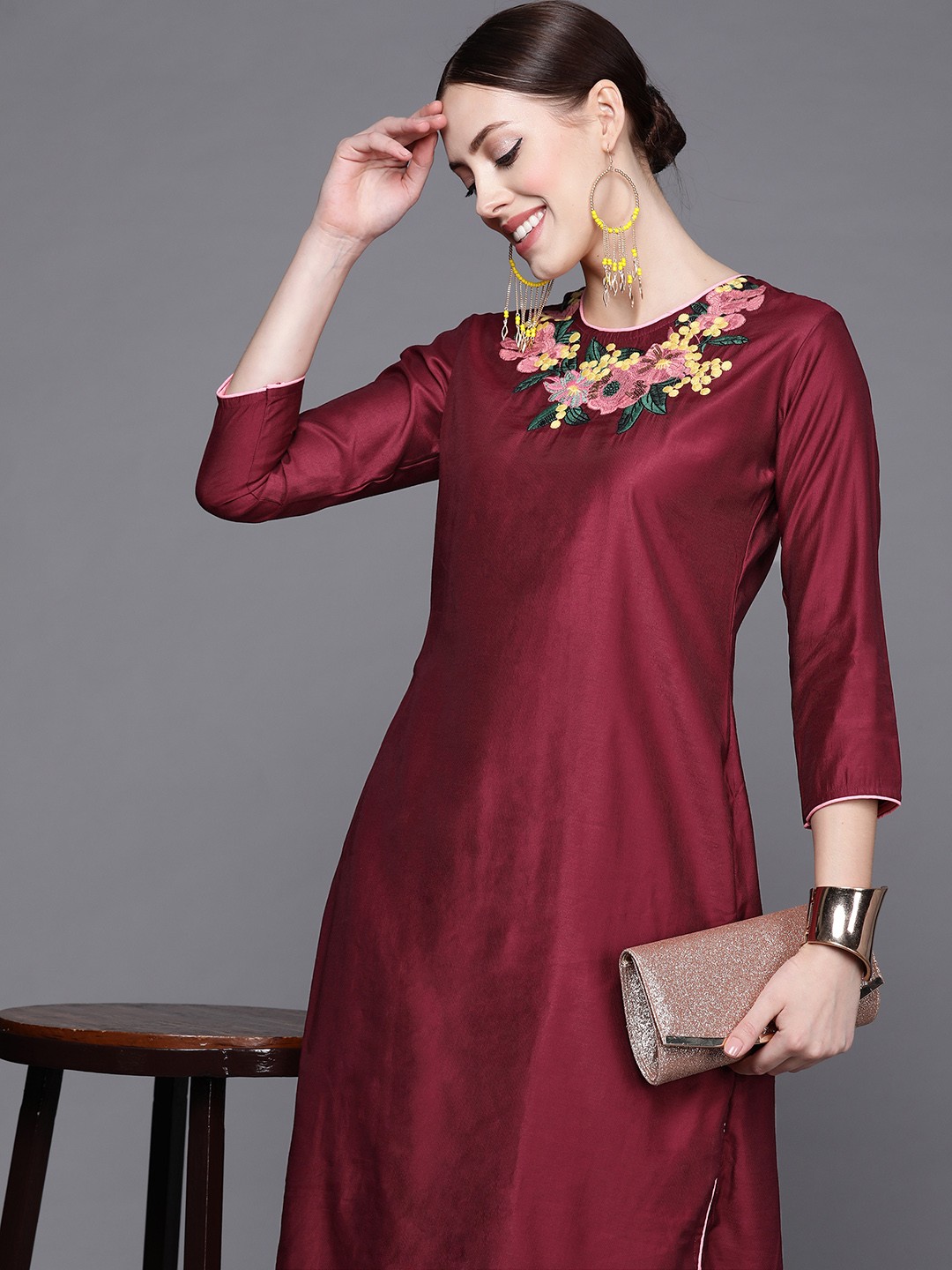

Indo Era Women Maroon Floral Embroidered Liva Kurta with Palazzos