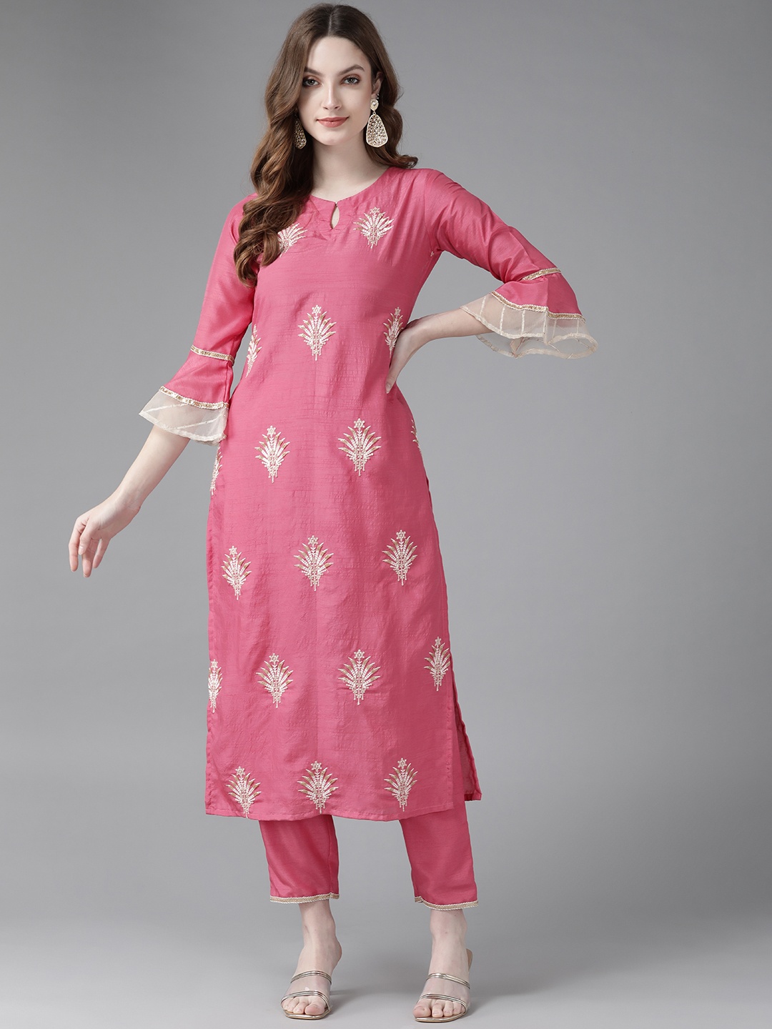 

Indo Era Women Pink Ethnic Motifs Embroidered Kurta with Trousers & With Dupatta