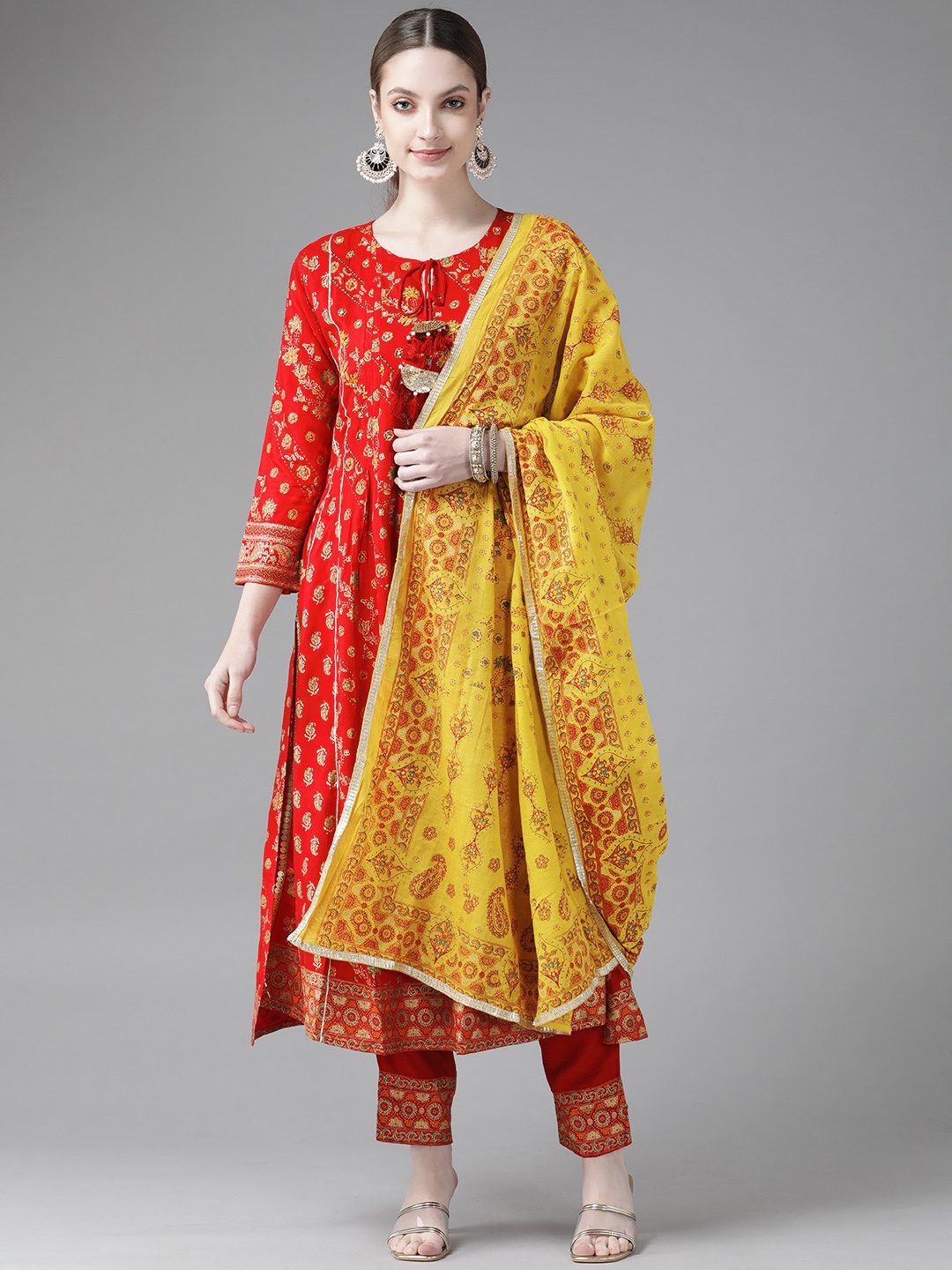 

Indo Era Red & Orange Ethnic Printed Pleated Gotta Patti Straight Kurta Trousers & Dupatta