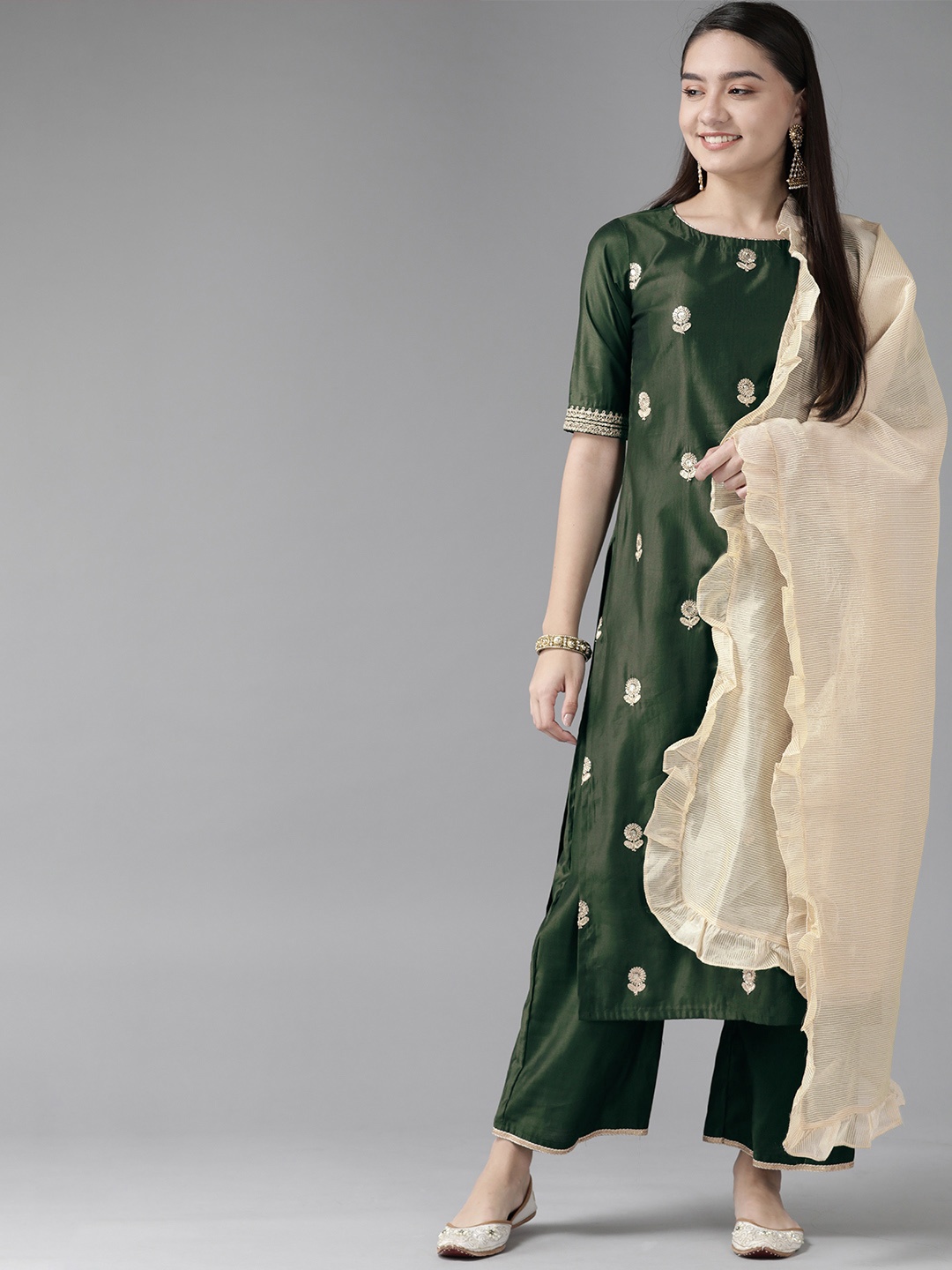 

Indo Era Women Green & Gold Floral Embroidered Sequinned Straight Kurta Palazzos & Dupatta