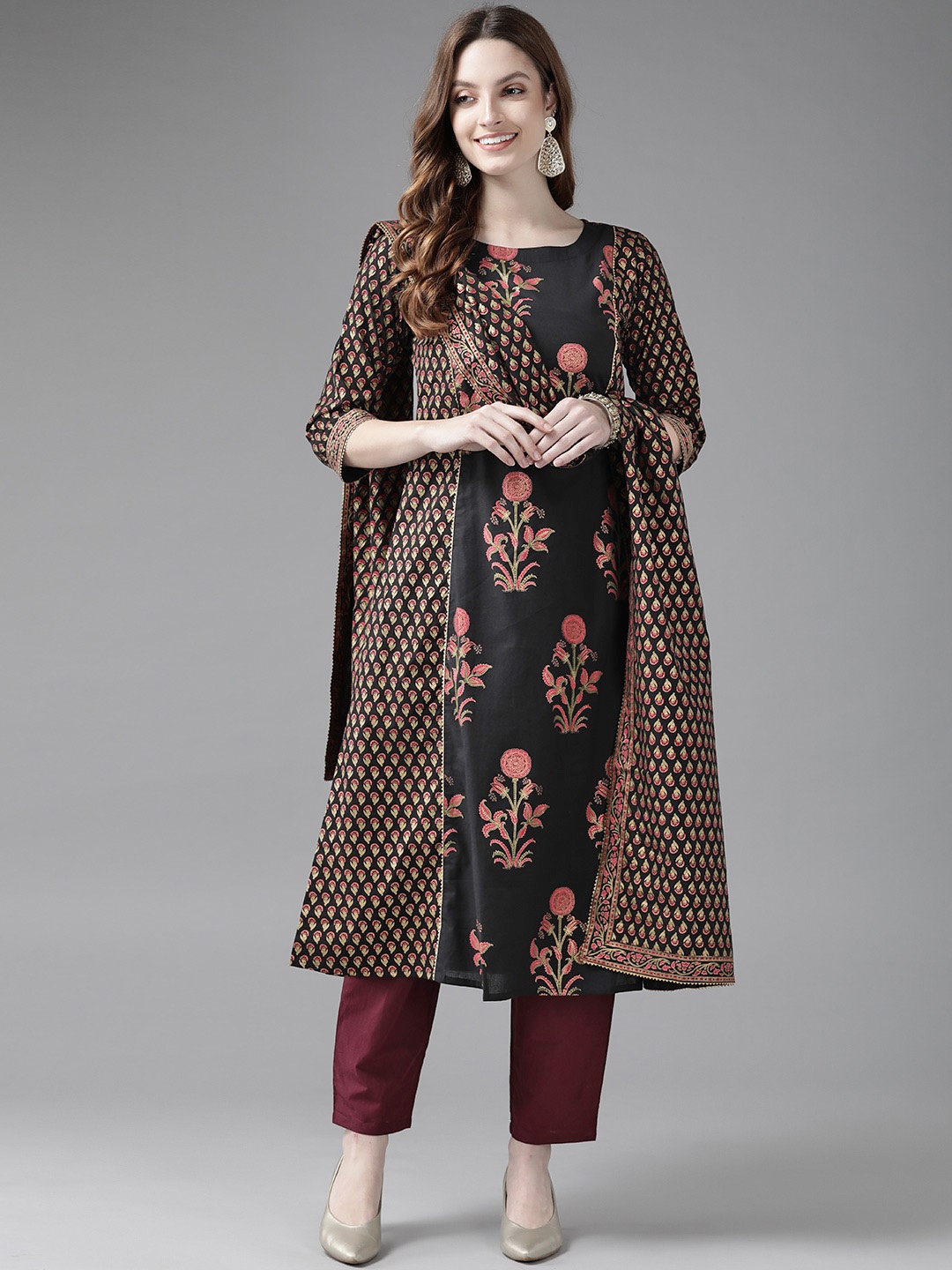 

Indo Era Women Black Floral Printed Kurta with Trousers & With Dupatta