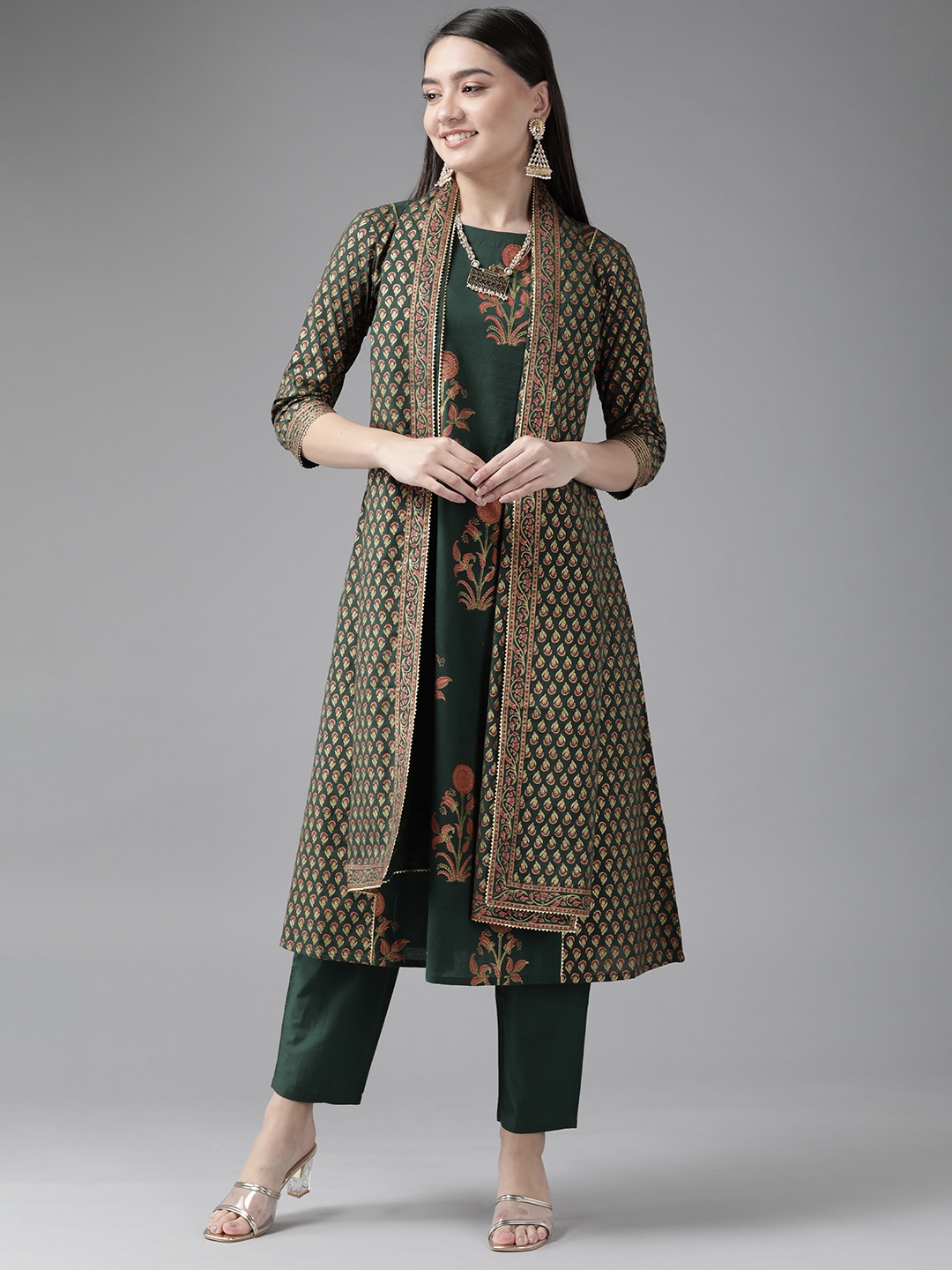 

Indo Era Women Green & Red Ethnic Motifs Printed Kurta with Trousers & With Dupatta