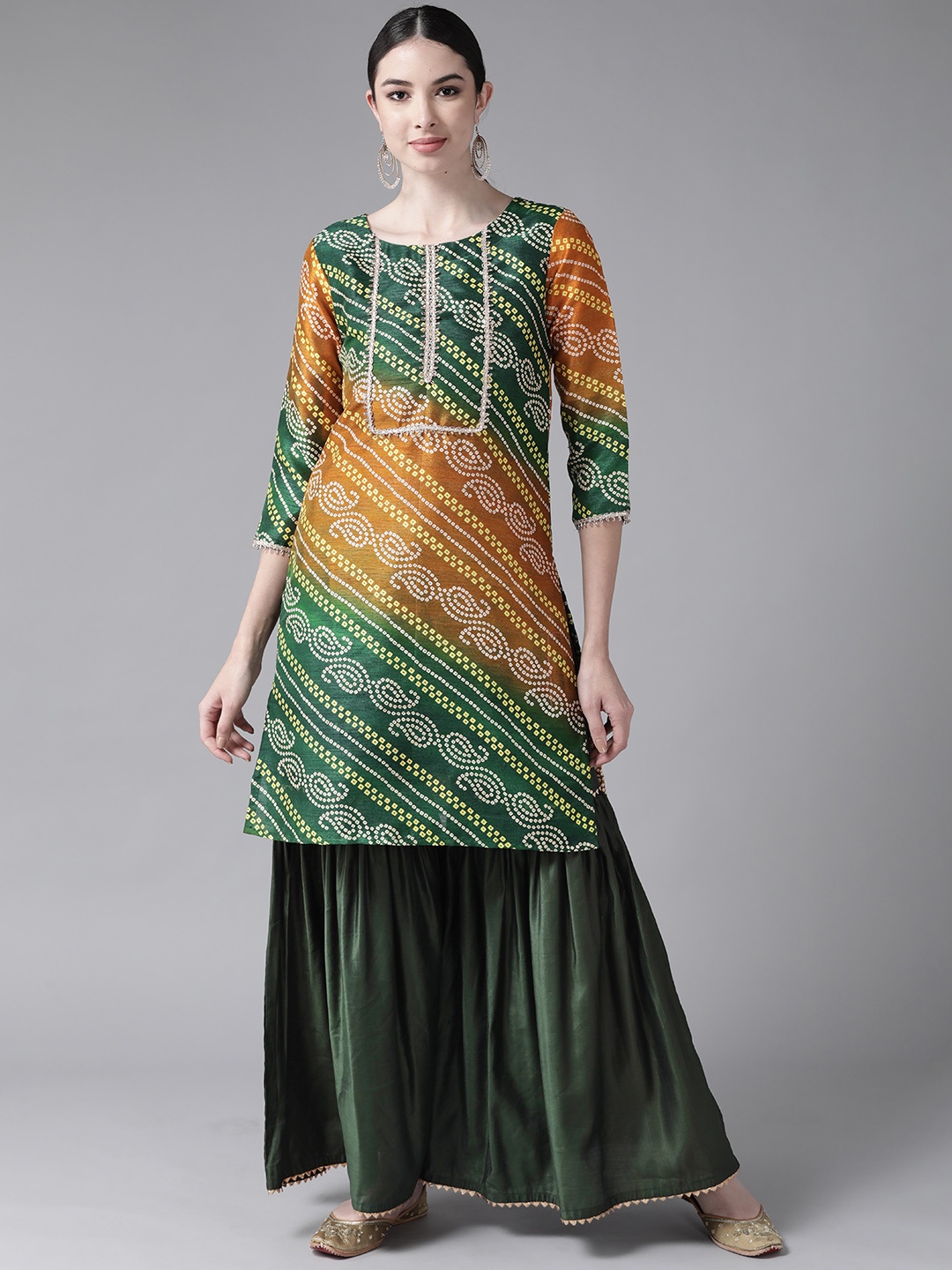 

Indo Era Women Green Bandhani Printed Kurta with Sharara