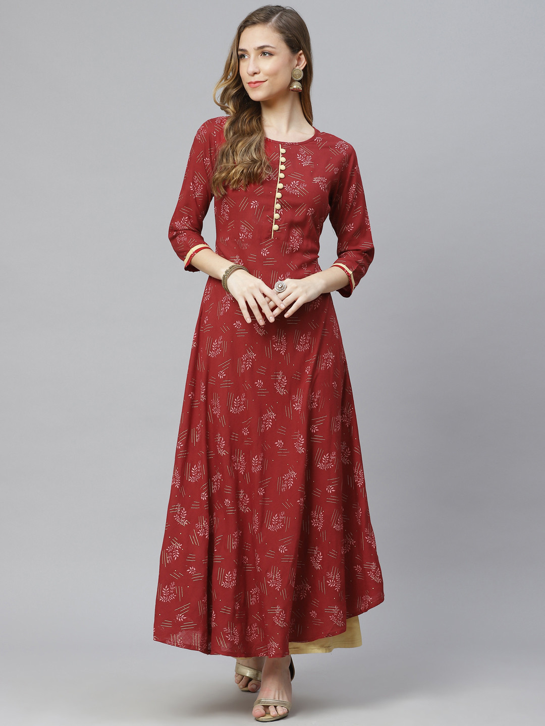 

Aasiya Women Red & Gold-Toned Floral Printed A-Line Kurta