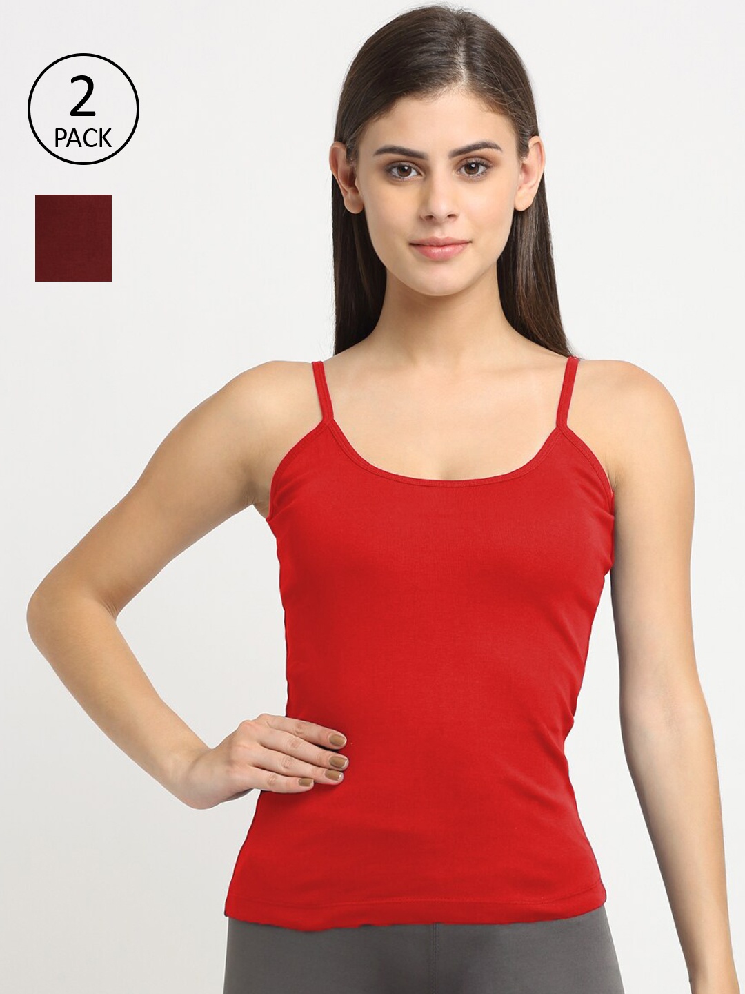 

Friskers Women Pack Of 2 Solid Cotton Camisoles, Red