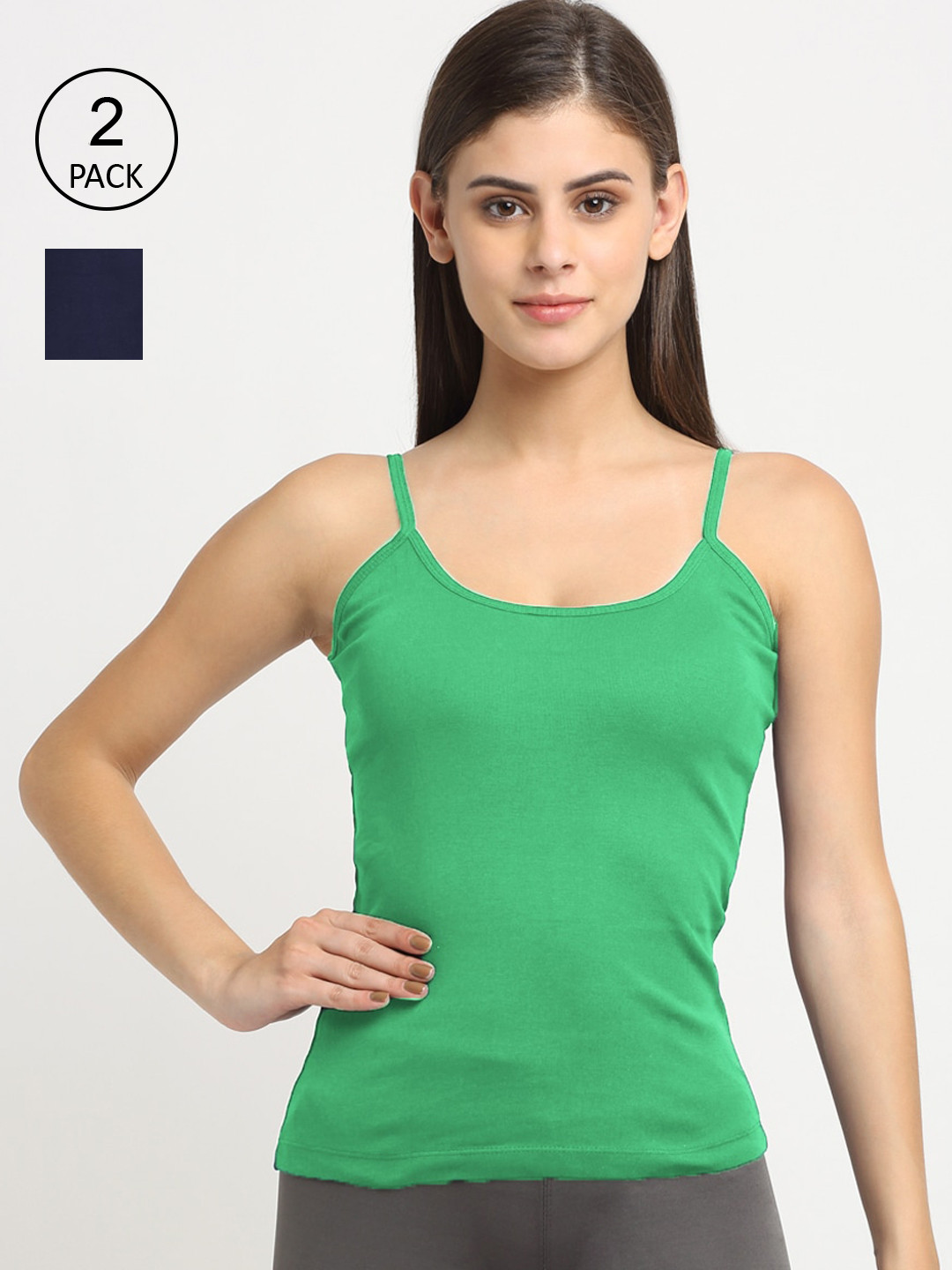 

Friskers Women Pack Of 2 Solid Cotton Camisoles, Green