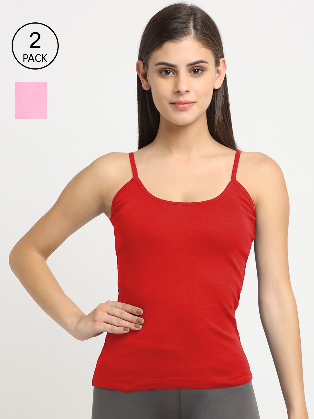 

Friskers Women Pack Of 2 Solid Cotton Camisoles, Red