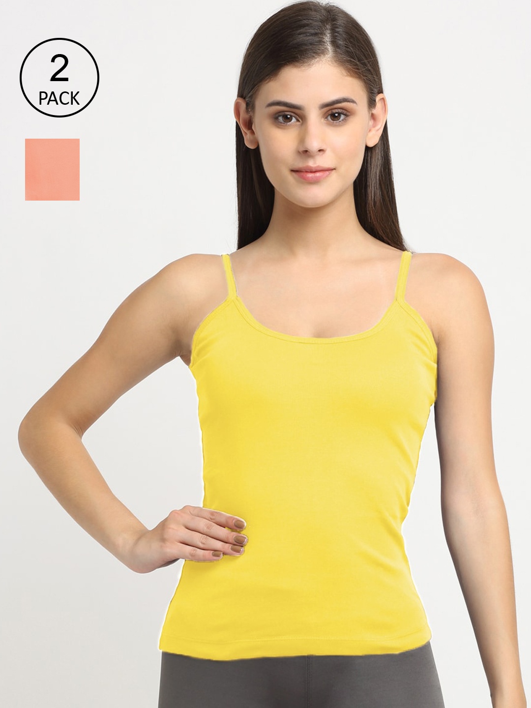 

Friskers Women Pack Of 2 Solid Cotton Camisoles, Yellow