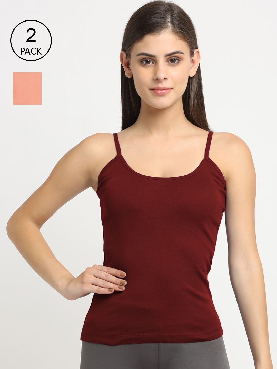 

Friskers Women Pack Of 2 Solid Cotton Camisoles, Maroon