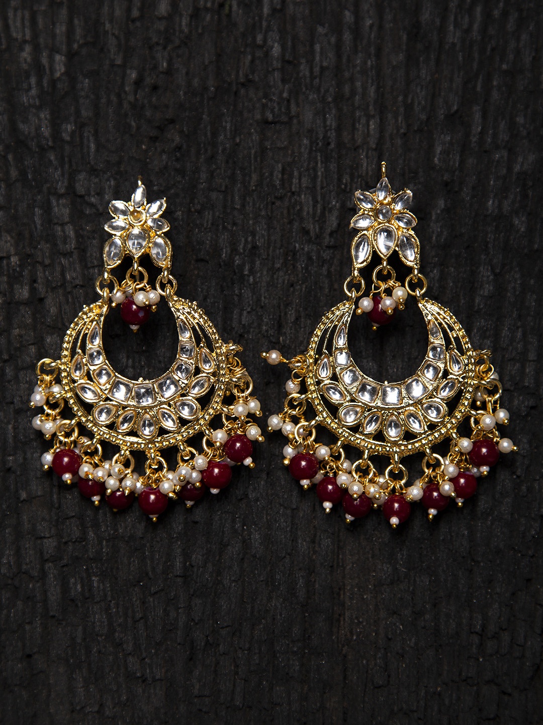 

Fabstreet Gold-Plated Red & White Crescent Shaped Chandbalis Earrings