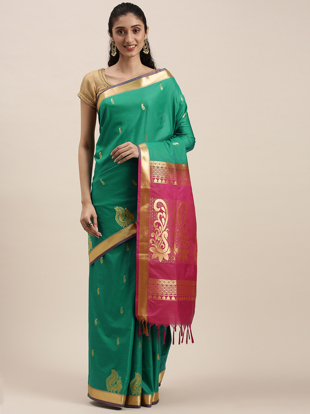 

Thara Sarees Green & Pink Ethnic Motifs Zari Art Silk Kanjeevaram Saree