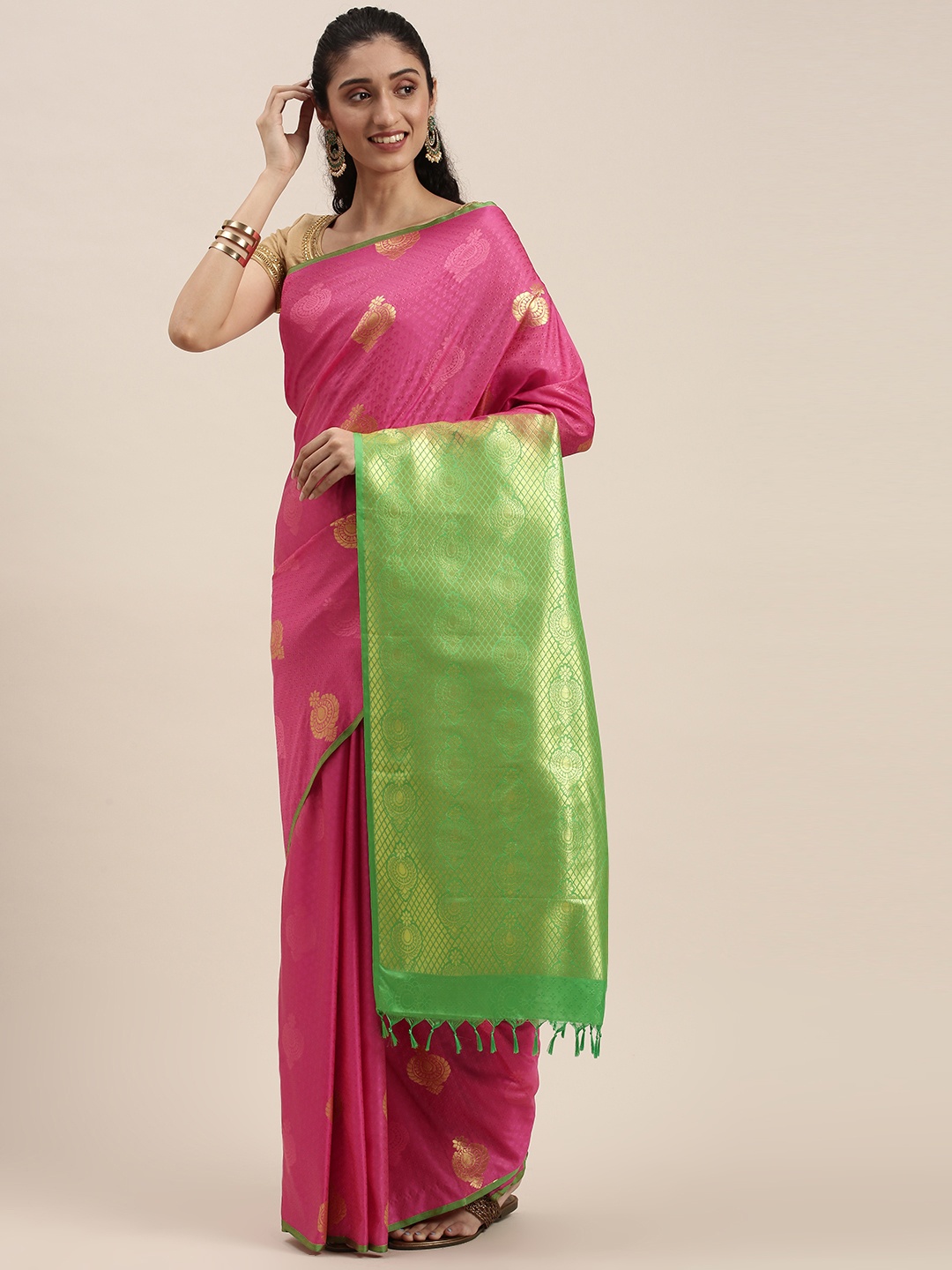

Thara Sarees Pink & Green Ethnic Motifs Zari Art Silk Kanjeevaram Saree