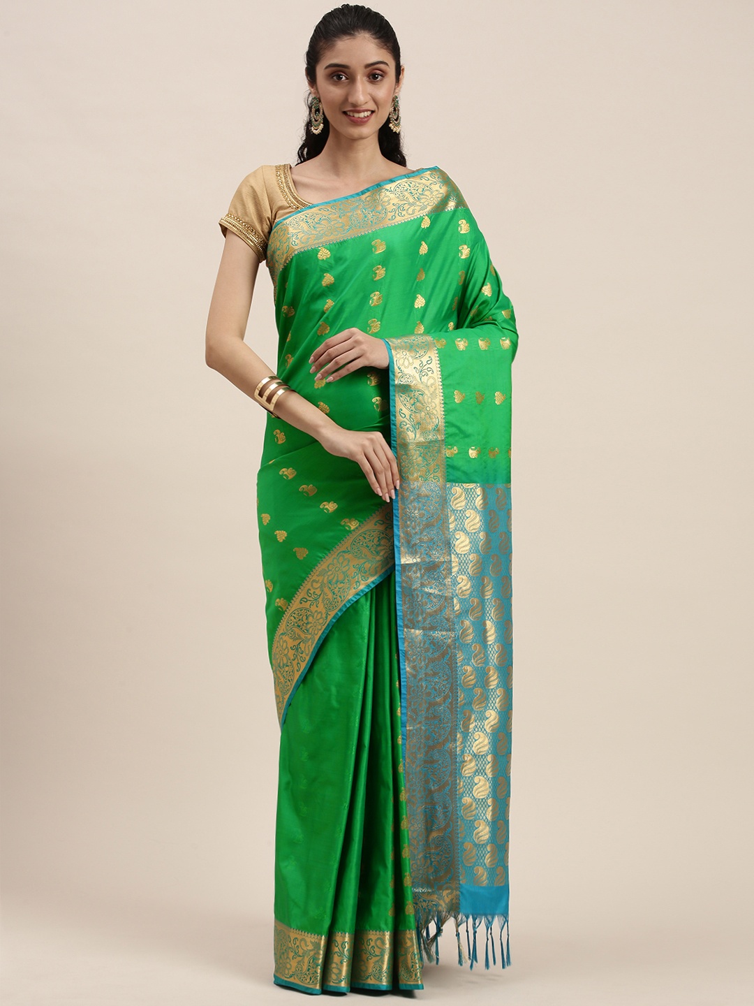 

Thara Sarees Green & Turquoise Blue Ethnic Motifs Zari Art Silk Kanjeevaram Saree
