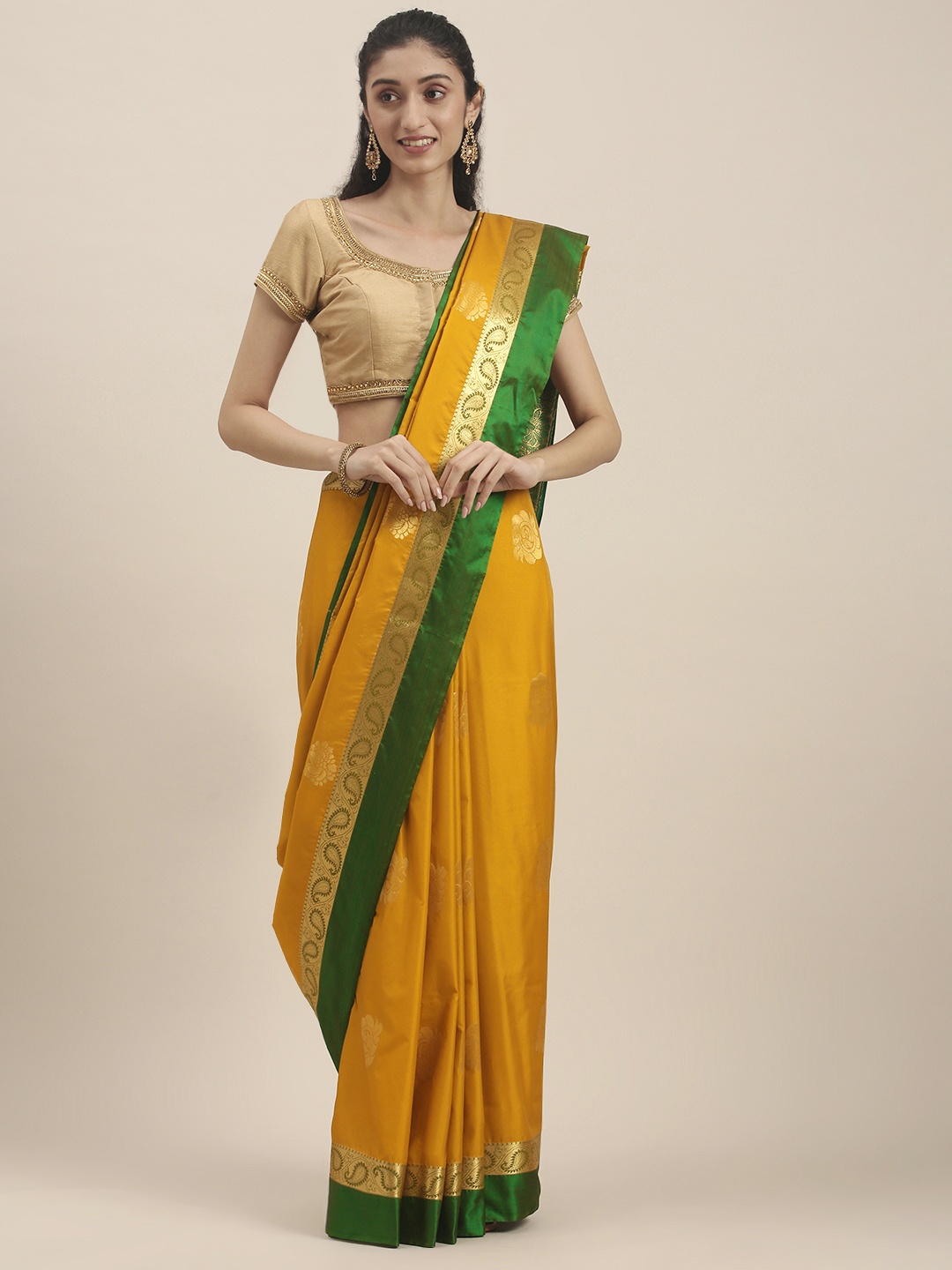

Thara Sarees Yellow & Green Ethnic Motifs Zari Art Silk Kanjeevaram Saree