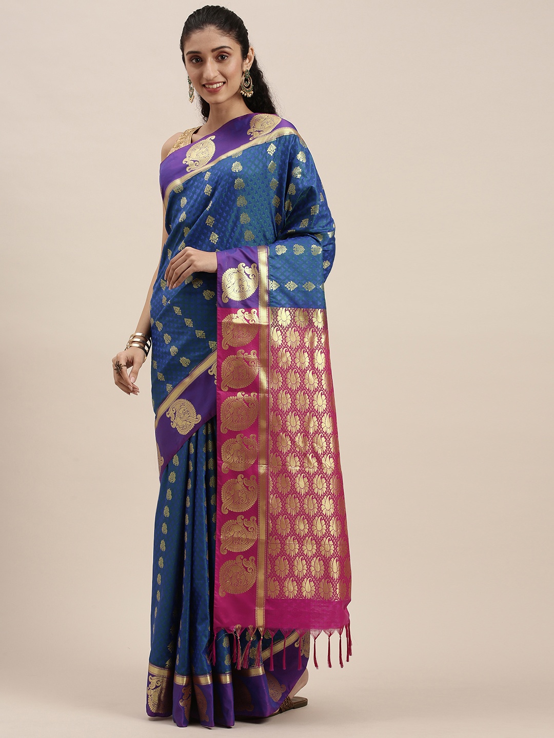 

Thara Sarees Blue & Pink Ethnic Motifs Zari Kanjeevaram Saree