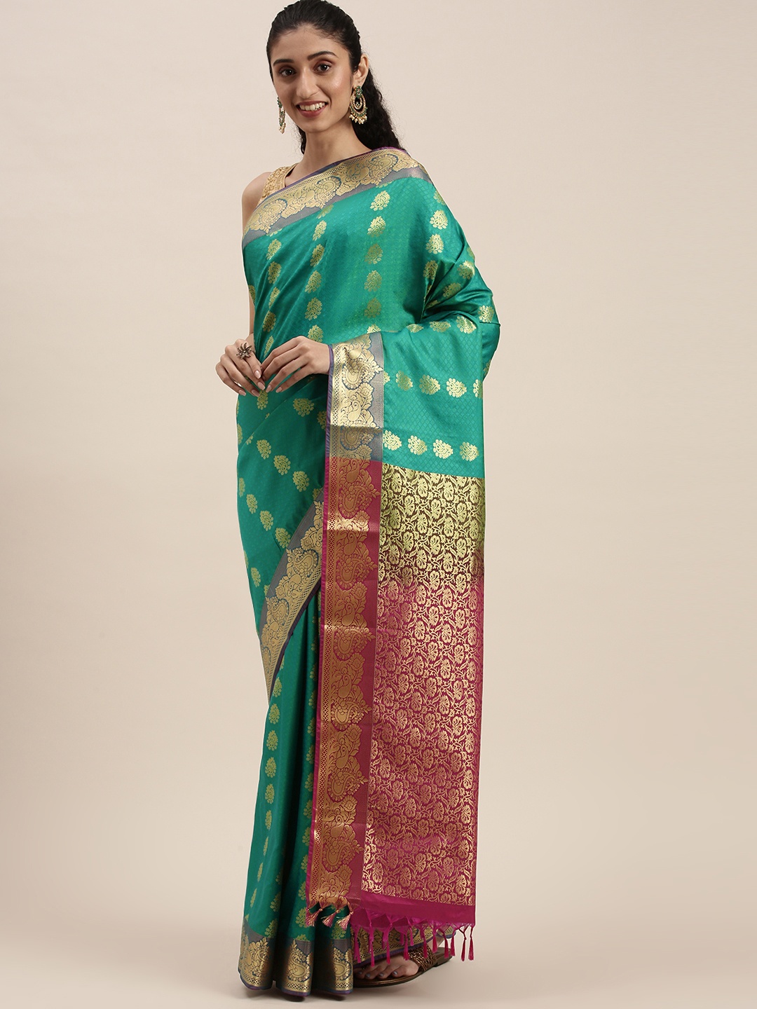 

Thara Sarees Green & Pink Ethnic Motifs Zari Art Silk Kanjeevaram Saree
