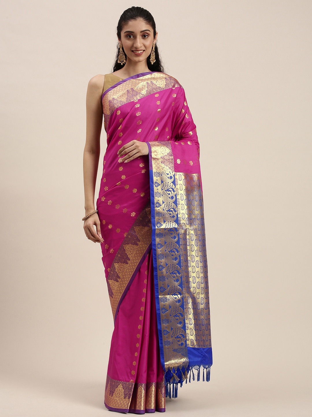 

Thara Sarees Pink & Blue Ethnic Motifs Zari Art Silk Kanjeevaram Saree